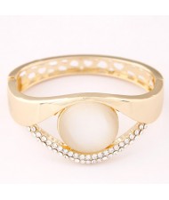 Rhinestone and Opal Stone Embedded Hollow Design Fashion Bangle - Golden