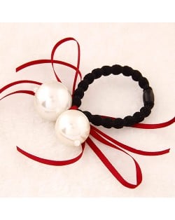 Korean Fashion Dual Pearls Decoration Design Rubber Hair Band - Red