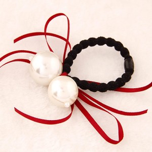 Korean Fashion Dual Pearls Decoration Design Rubber Hair Band - Red