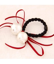 Korean Fashion Dual Pearls Decoration Design Rubber Hair Band - Red