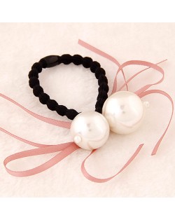 Korean Fashion Dual Pearls Decoration Design Rubber Hair Band - Pink