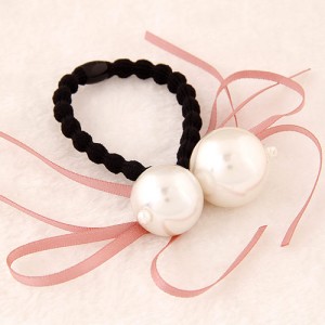 Korean Fashion Dual Pearls Decoration Design Rubber Hair Band - Pink