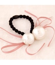 Korean Fashion Dual Pearls Decoration Design Rubber Hair Band - Pink