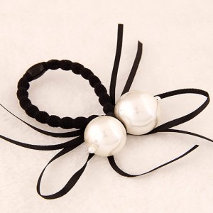 Korean Fashion Dual Pearls Decoration Design Rubber Hair Band - Black