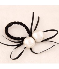Korean Fashion Dual Pearls Decoration Design Rubber Hair Band - Black