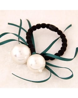 Korean Fashion Dual Pearls Decoration Design Rubber Hair Band - Green