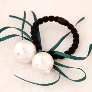 Korean Fashion Dual Pearls Decoration Design Rubber Hair Band - Green