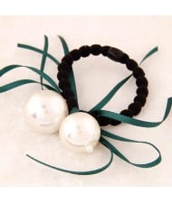 Korean Fashion Dual Pearls Decoration Design Rubber Hair Band - Green