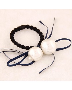 Korean Fashion Dual Pearls Decoration Design Rubber Hair Band - Ink Blue