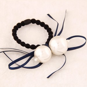 Korean Fashion Dual Pearls Decoration Design Rubber Hair Band - Ink Blue