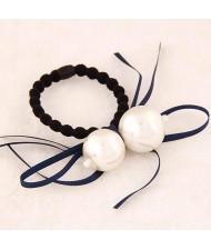 Korean Fashion Dual Pearls Decoration Design Rubber Hair Band - Ink Blue