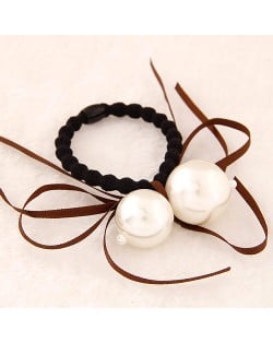 Korean Fashion Dual Pearls Decoration Design Rubber Hair Band - Brown