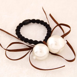 Korean Fashion Dual Pearls Decoration Design Rubber Hair Band - Brown