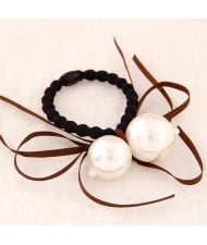 Korean Fashion Dual Pearls Decoration Design Rubber Hair Band - Brown