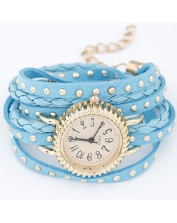 Punk Style Button Studs Multiple Layer Leather Fashion Bracelet Watch - Blue