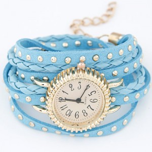 Punk Style Button Studs Multiple Layer Leather Fashion Bracelet Watch - Blue