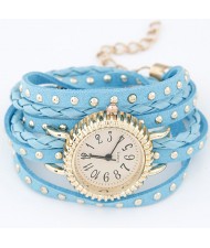 Punk Style Button Studs Multiple Layer Leather Fashion Bracelet Watch - Blue