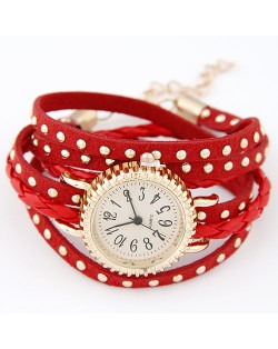 Punk Style Button Studs Multiple Layer Leather Fashion Bracelet Watch - Red