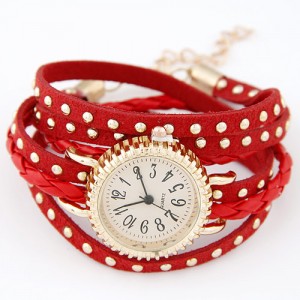 Punk Style Button Studs Multiple Layer Leather Fashion Bracelet Watch - Red