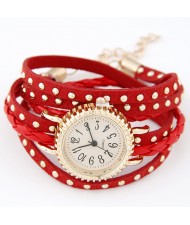 Punk Style Button Studs Multiple Layer Leather Fashion Bracelet Watch - Red