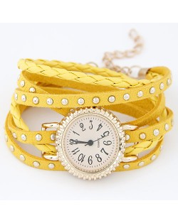 Punk Style Button Studs Multiple Layer Leather Fashion Bracelet Watch - Yellow