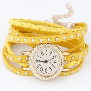 Punk Style Button Studs Multiple Layer Leather Fashion Bracelet Watch - Yellow