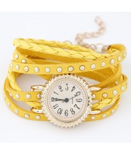 Punk Style Button Studs Multiple Layer Leather Fashion Bracelet Watch - Yellow