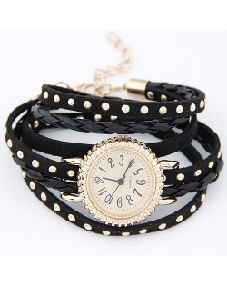 Punk Style Button Studs Multiple Layer Leather Fashion Bracelet Watch - Black