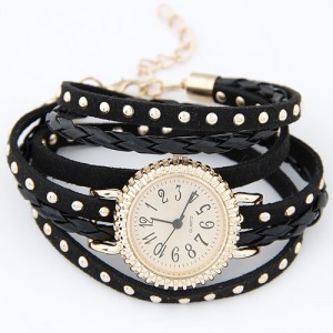 Punk Style Button Studs Multiple Layer Leather Fashion Bracelet Watch - Black