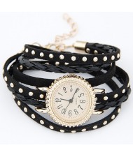 Punk Style Button Studs Multiple Layer Leather Fashion Bracelet Watch - Black