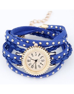 Punk Style Button Studs Multiple Layer Leather Fashion Bracelet Watch - Royal Blue