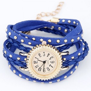 Punk Style Button Studs Multiple Layer Leather Fashion Bracelet Watch - Royal Blue