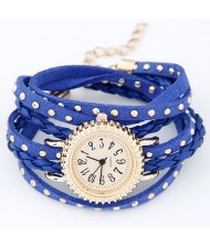 Punk Style Button Studs Multiple Layer Leather Fashion Bracelet Watch - Royal Blue