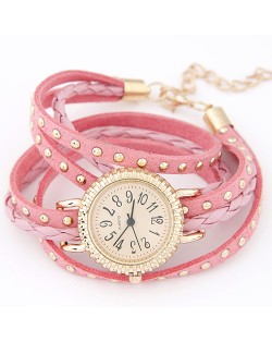 Punk Style Button Studs Multiple Layer Leather Fashion Bracelet Watch - Pink