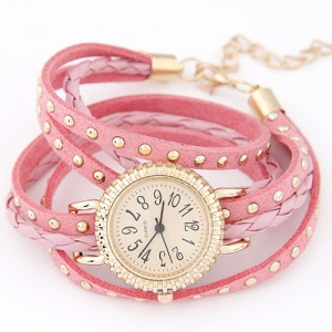 Punk Style Button Studs Multiple Layer Leather Fashion Bracelet Watch - Pink