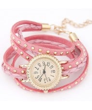 Punk Style Button Studs Multiple Layer Leather Fashion Bracelet Watch - Pink