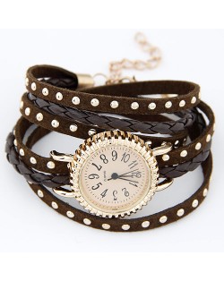 Punk Style Button Studs Multiple Layer Leather Fashion Bracelet Watch - Brown
