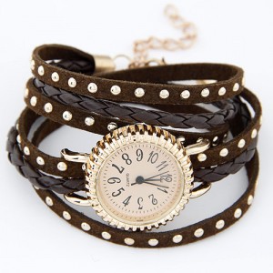Punk Style Button Studs Multiple Layer Leather Fashion Bracelet Watch - Brown