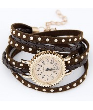Punk Style Button Studs Multiple Layer Leather Fashion Bracelet Watch - Brown