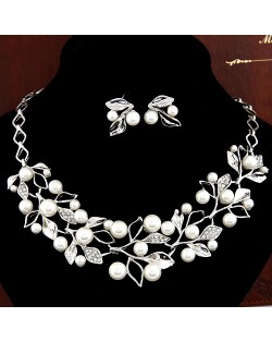 Pearl Inlaid Branches and Leaves Design Necklace Earrings Set