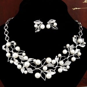 Pearl Inlaid Branches and Leaves Design Necklace Earrings Set