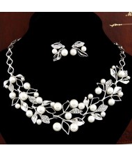 Pearl Inlaid Branches and Leaves Design Necklace Earrings Set