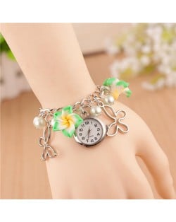 Vivid Morning Glory Embellished Fashion Bracelet Watch - Green