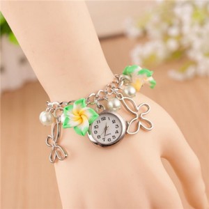 Vivid Morning Glory Embellished Fashion Bracelet Watch - Green