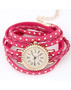 Punk Style Button Studs Multiple Layer Leather Fashion Bracelet Watch - Rose