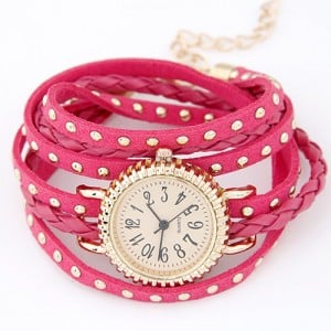 Punk Style Button Studs Multiple Layer Leather Fashion Bracelet Watch - Rose