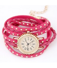 Punk Style Button Studs Multiple Layer Leather Fashion Bracelet Watch - Rose