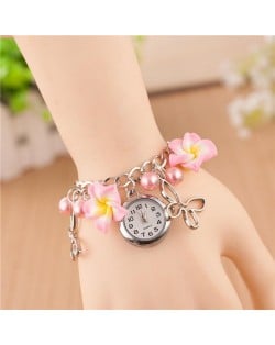 Vivid Morning Glory Embellished Fashion Bracelet Watch - Pink