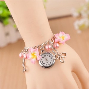 Vivid Morning Glory Embellished Fashion Bracelet Watch - Pink