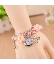 Vivid Morning Glory Embellished Fashion Bracelet Watch - Pink